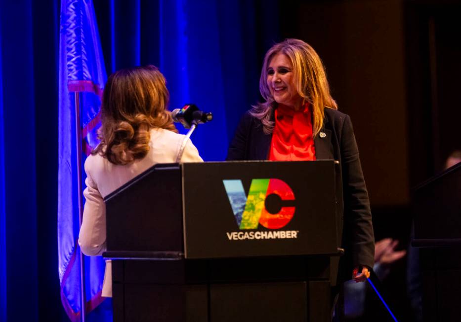 Councilwoman Victoria Seaman, right, candidate for Las Vegas mayor, greets former U.S. Rep. She ...