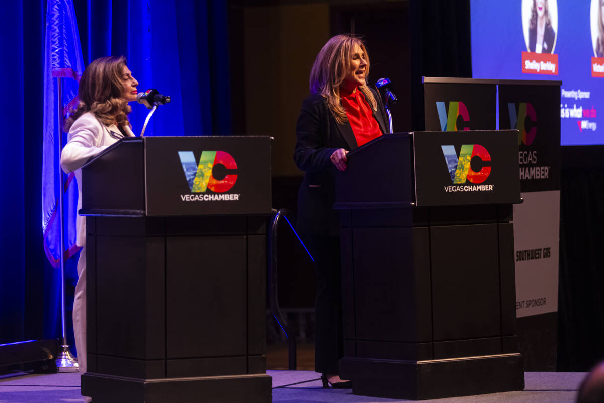 Councilwoman Victoria Seaman, right, candidate for Las Vegas mayor, speaks during a debate with ...