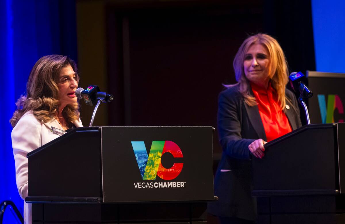 Former U.S. Rep. Shelley Berkley, left, candidate for Las Vegas mayor speaks during a debate w ...