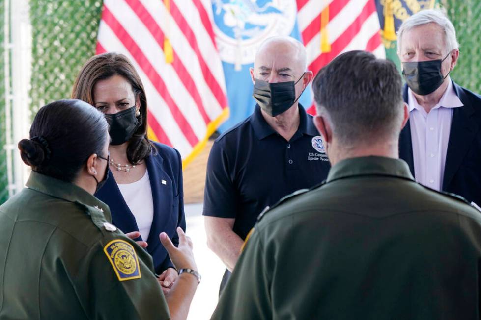 File - Vice President Kamala Harris talks to Gloria Chavez, Chief Patrol Agent of the El Paso S ...