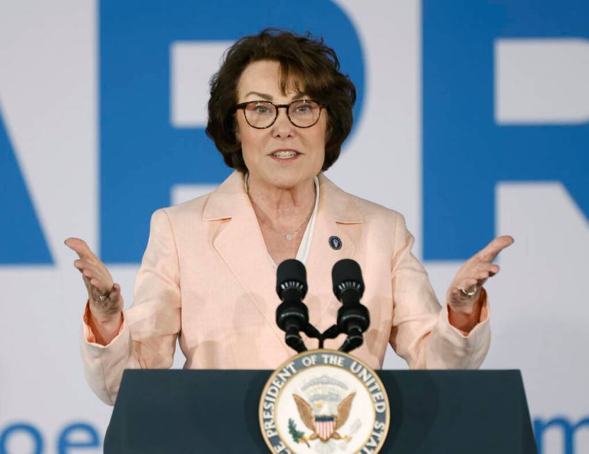 Sen. Jacky Rosen speaks at a post debate campaign rally where Vice President Kamala Harris atte ...