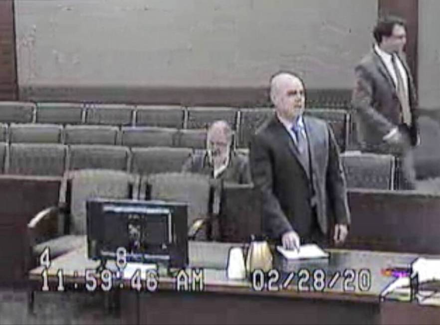 A screen grab from court footage of Robert Telles, then Clark County public administrator, addr ...