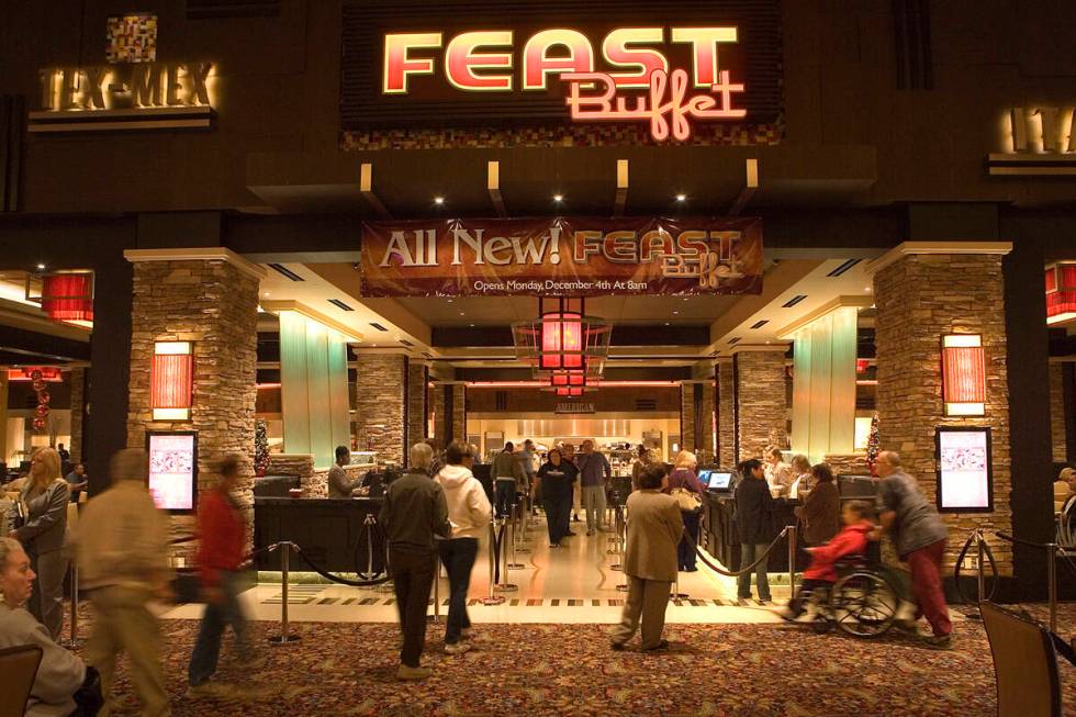 The (long) line formed to the right at Feast Buffet inside Santa Fe Station in northwest Las Ve ...