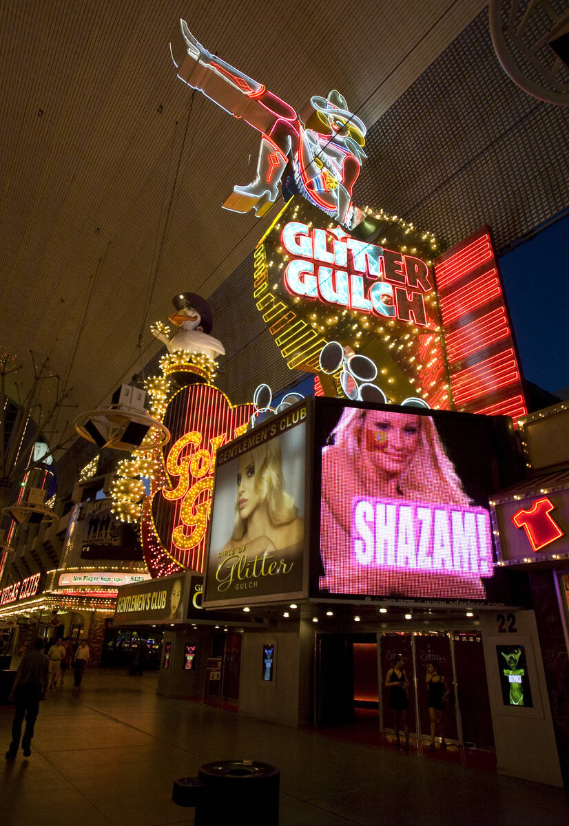 Girls of Glitter Gulch, a topless strip club, at the Fremont Street Experience in downtown Las ...