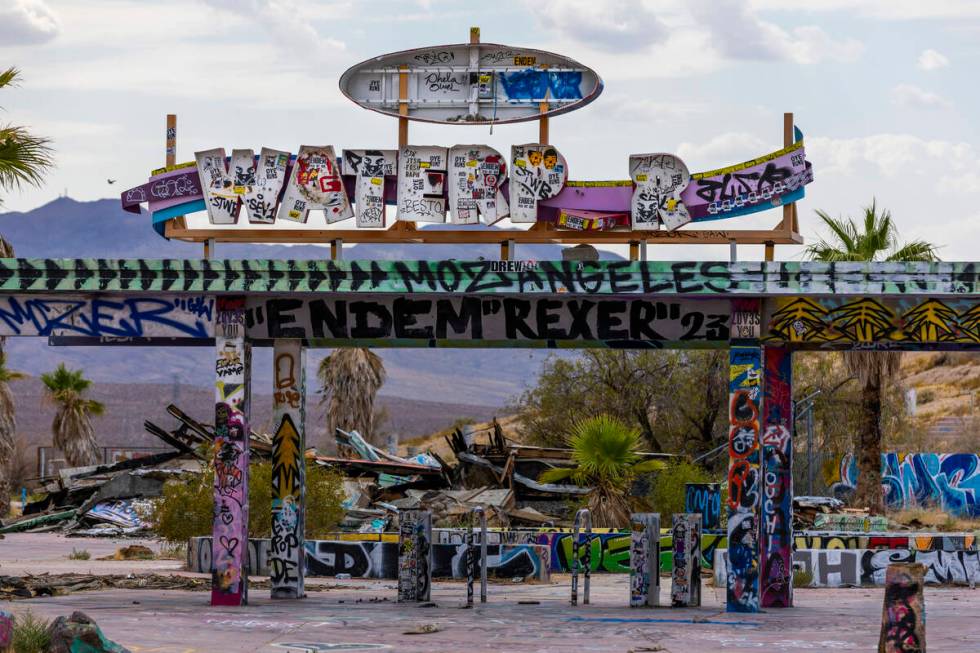 Entrance gate of the former Rock-A-Hoola Water Park on Tuesday, July 23, 2024, in Newberry Spri ...