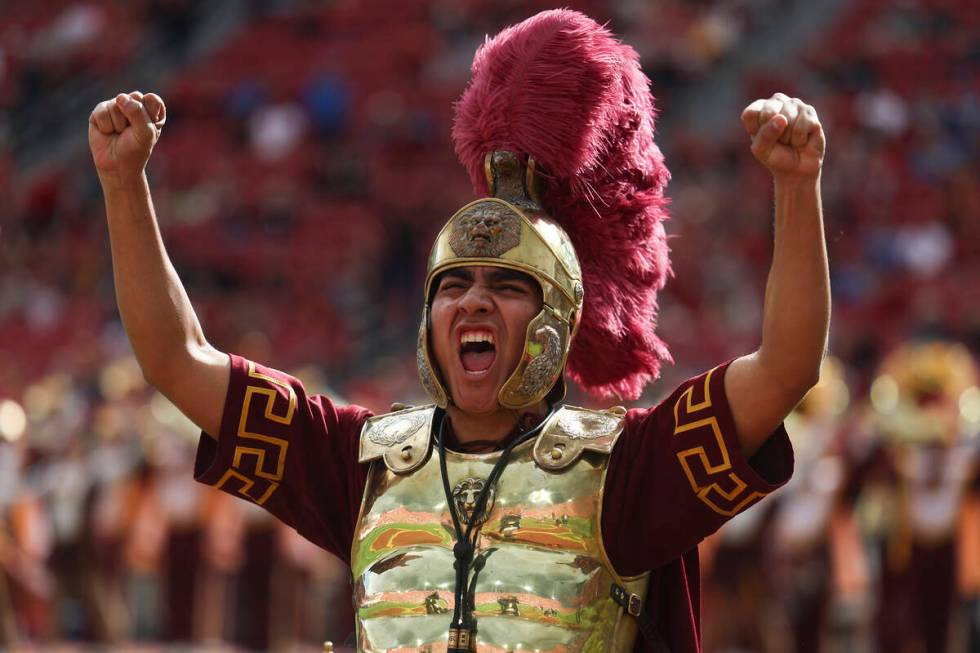 Southern California drum major Jacobo Herrera performs before an NCAA college football game aga ...