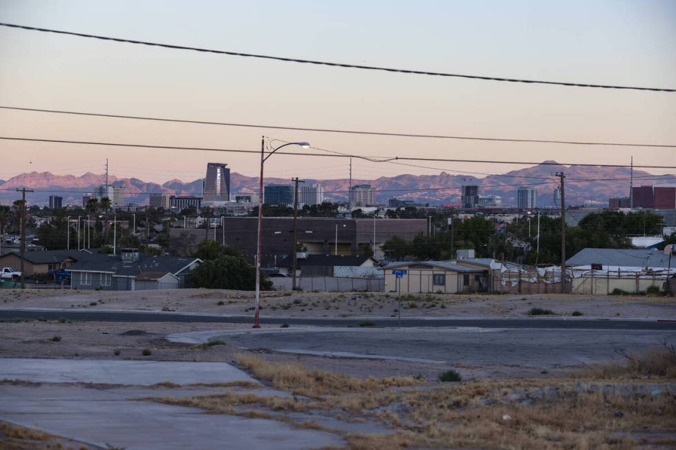 Empty lots and downtown in the distance in the Windsor Park neighborhood in North Las Vegas, Mo ...