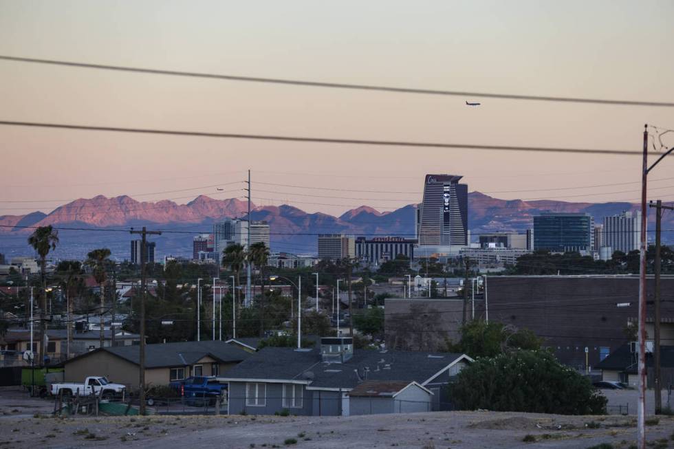 Downtown seen from the Windsor Park neighborhood in North Las Vegas, Monday, Aug. 19, 2024. A d ...