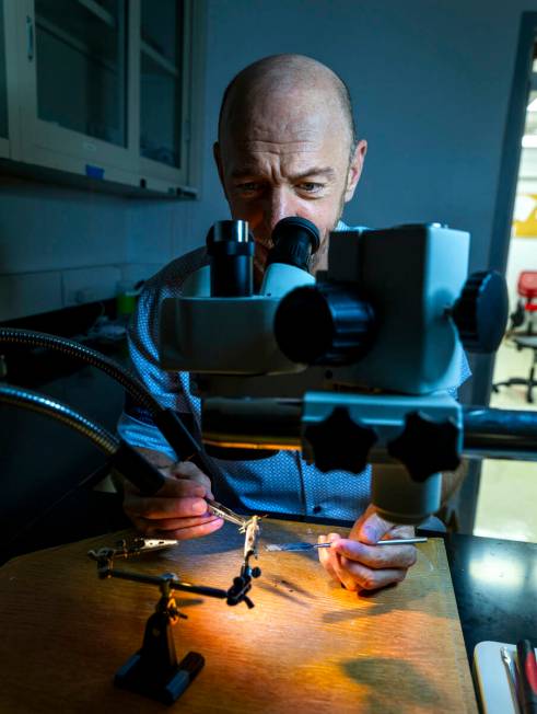 UNLV professor James Hyman works with a neural implant for rats his department constructs as pa ...