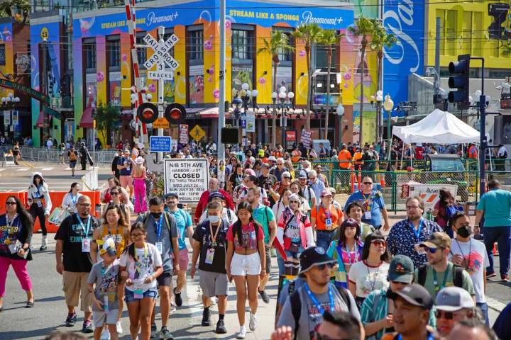 Crowds of attendees arriving at the San Diego Comic-Con downtown on July 26, 2024. (Alejandro T ...