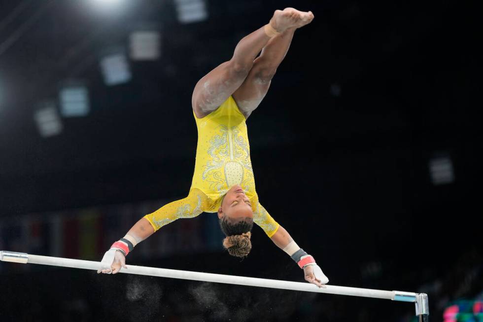 Rebeca Andrade, of Brazil, performs on the uneven bars during the women's artistic gymnastics a ...