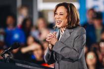 Vice President Kamala Harris speaks to a crowd during a campaign event at IBEW Local 357 on Sat ...