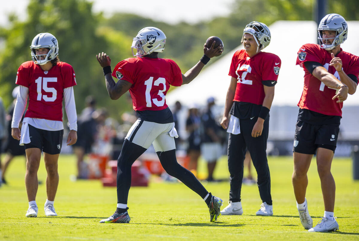 Raiders quarterback Gardner Minshew (15), quarterback Anthony Brown Jr. (13), quarterback Aidan ...