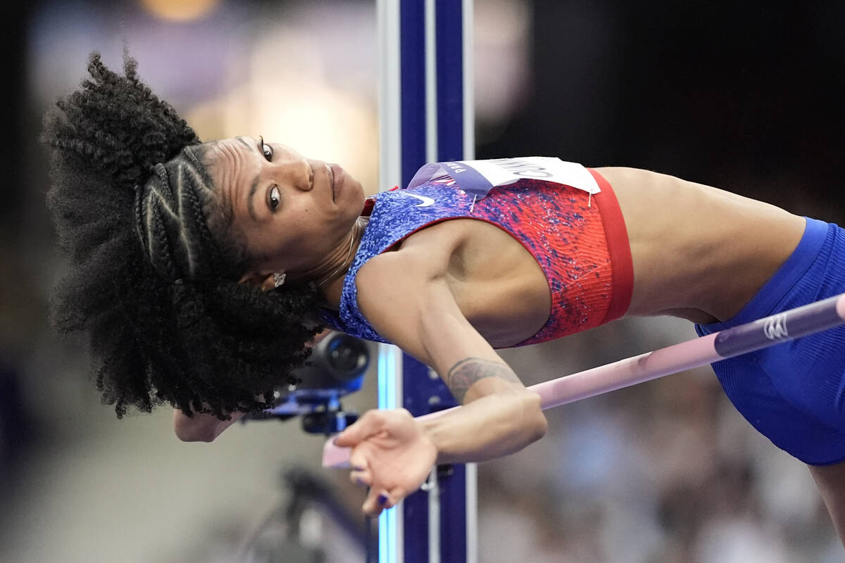 Vashti Cunningham, of the United States, competes in the women's high jump final at the 2024 Su ...