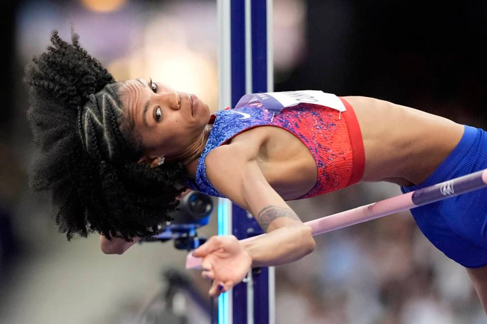 Vashti Cunningham, of the United States, competes in the women's high jump final at the 2024 Su ...