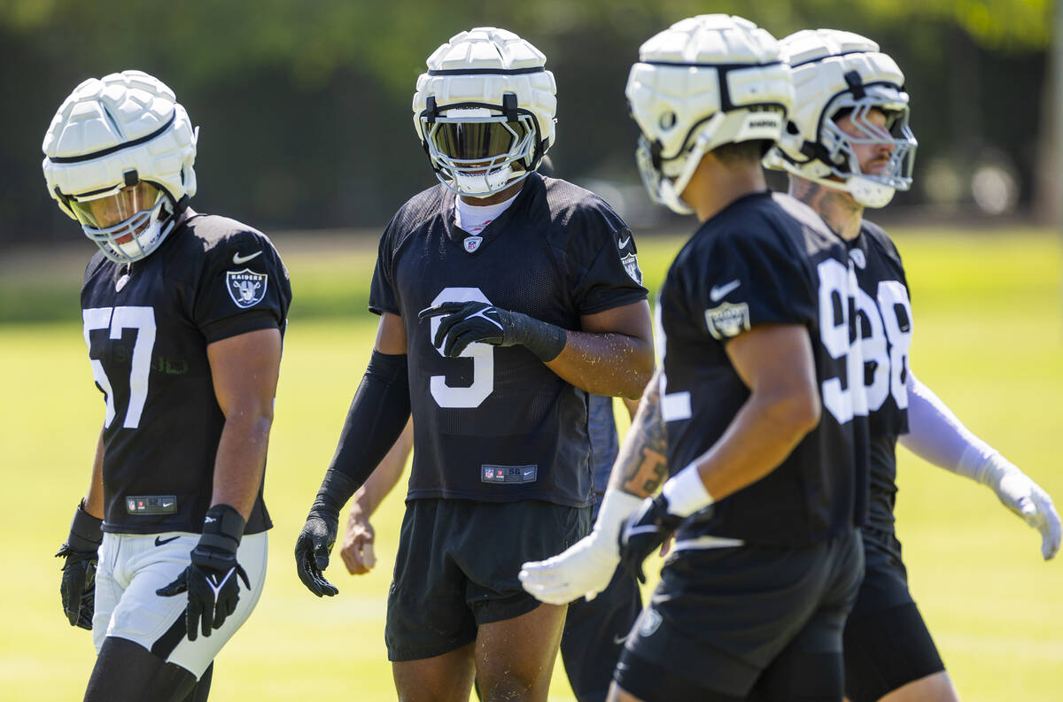 Raiders defensive end Tyree Wilson (9) joins teammates on drills during the third day of Raider ...