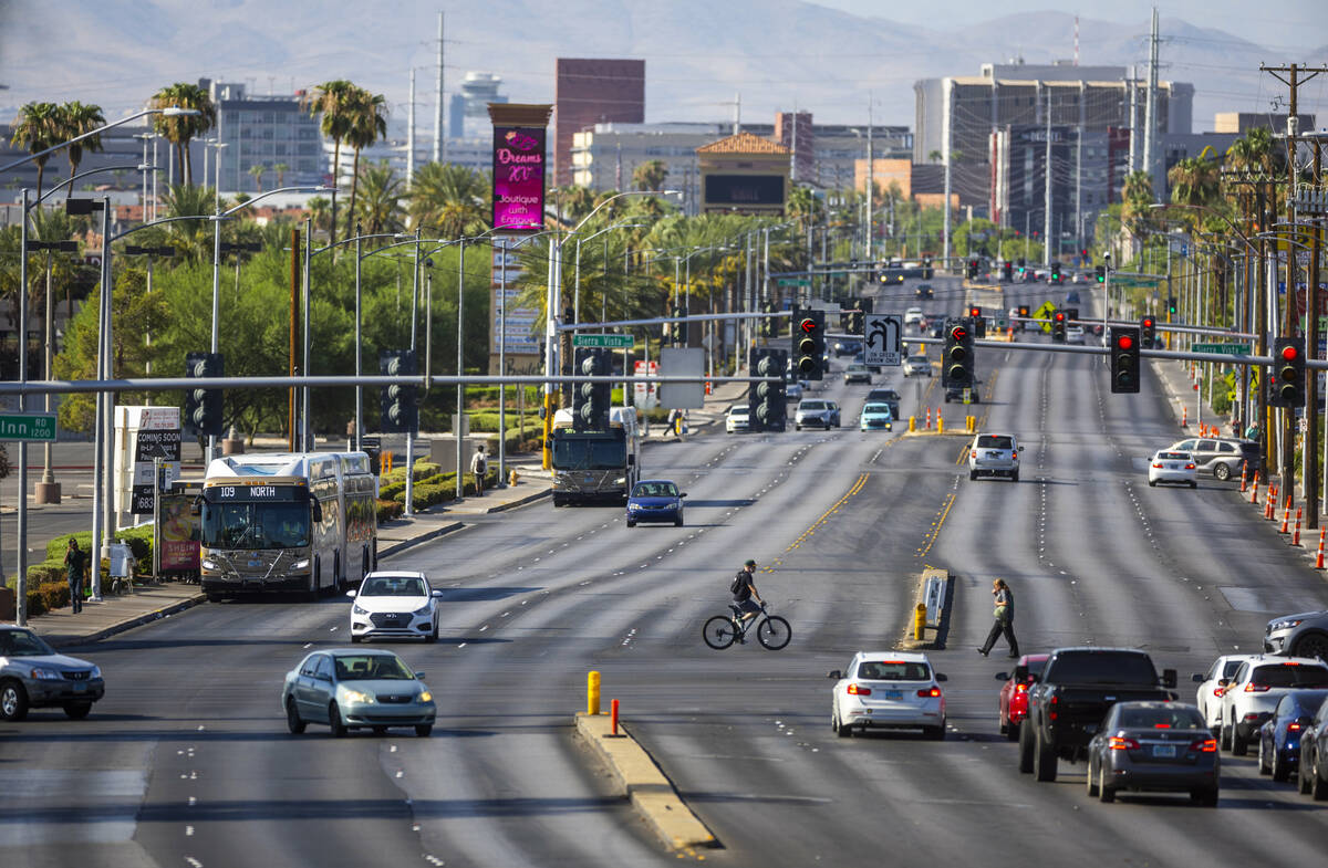 Busses make their way northbound on Maryland Parkway as the $378 million Maryland Parkway Bus R ...