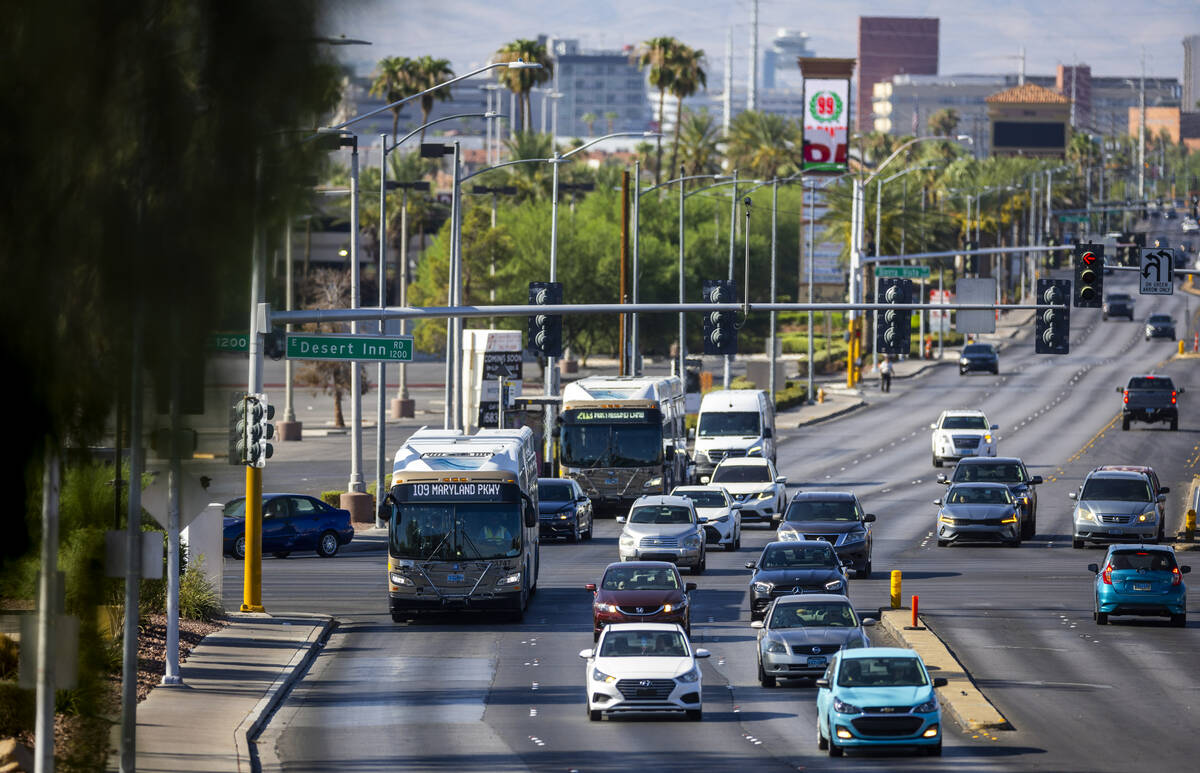 Busses make their way northbound on Maryland Parkway as the $378 million Maryland Parkway Bus R ...