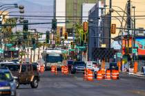 A bus makes its way eastbound on Carson Avenue as the $378 million Maryland Parkway Bus Rapid T ...