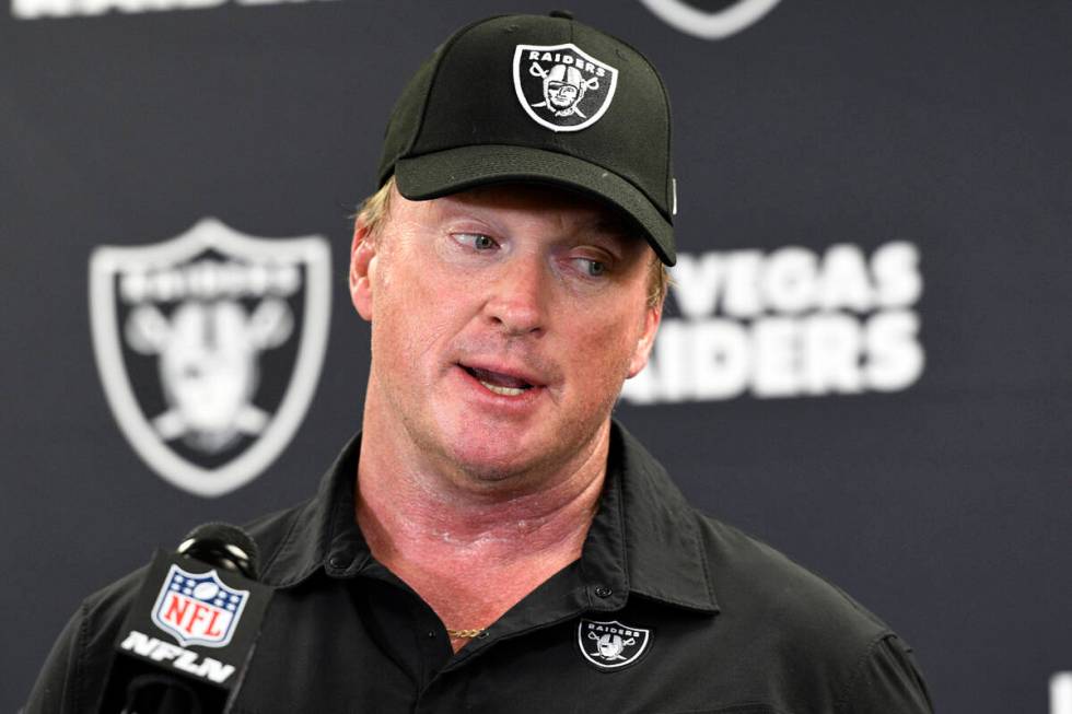 FILE - Las Vegas Raiders head coach Jon Gruden speaks with the media following an NFL football ...