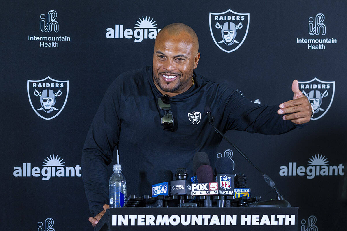 Raiders head coach Antonio Pierce answers a question in a media interview during the third day ...