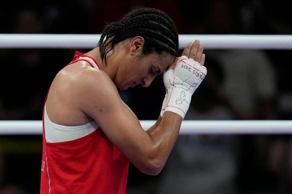 Algeria's Imane Khelif, celebrates after defeating Hungary's Anna Hamori in their women's 66kg ...