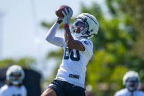 Raiders wide receiver Jeff Foreman (80) elevates to catch a pass during the second day of Raide ...