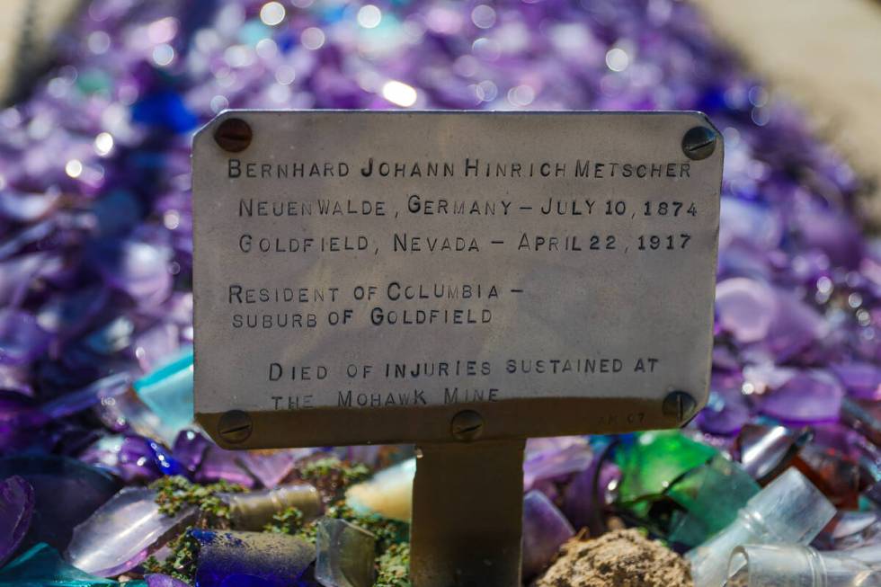 A plaque made by Goldfield local Allen Metscher for his grandfather’s grave is seen at the Go ...