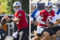 Raiders quarterbacks Aidan O'Connell, left, and Gardner Minshew work out on the third day of tr ...