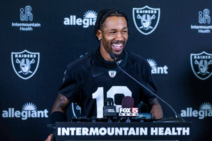 Raiders cornerback Jack Jones (18) laughs at a question during a media interview on the second ...