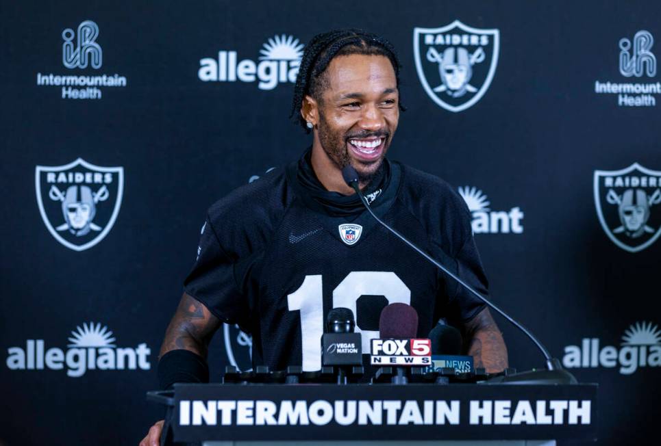 Raiders cornerback Jack Jones (18) laughs at a question during a media interview on the second ...