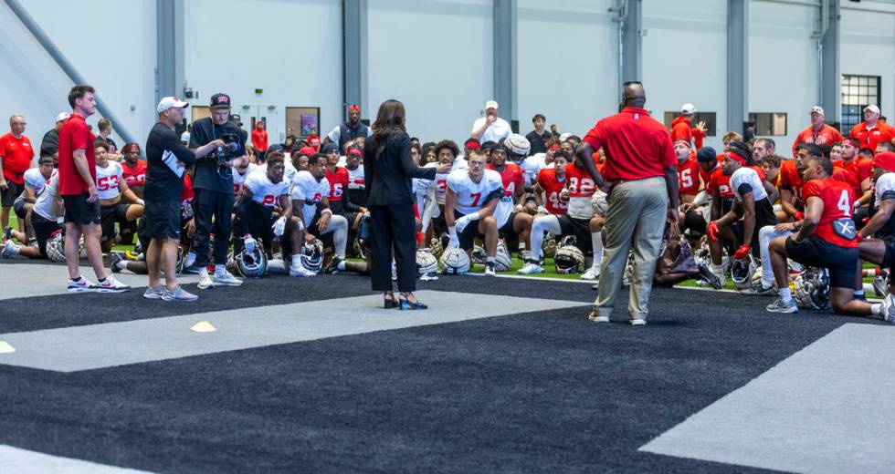 Raiders President Sandra Douglass Morgan welcomes UNLV football players and coaches to the Inte ...