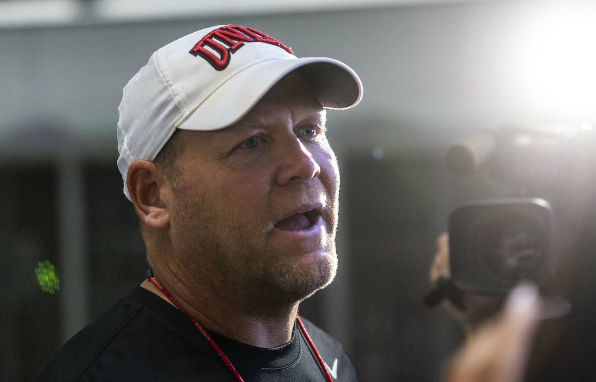 UNLV head coach Barry Odom talks with the media following football practice at the Intermountai ...