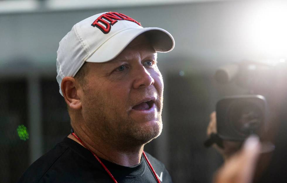 UNLV head coach Barry Odom talks with the media following football practice at the Intermountai ...