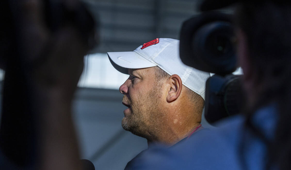 UNLV head coach Barry Odom talks with the media following football practice at the Intermountai ...