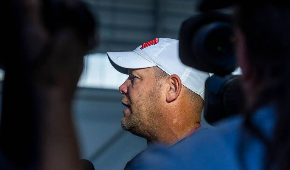 UNLV head coach Barry Odom talks with the media following football practice at the Intermountai ...