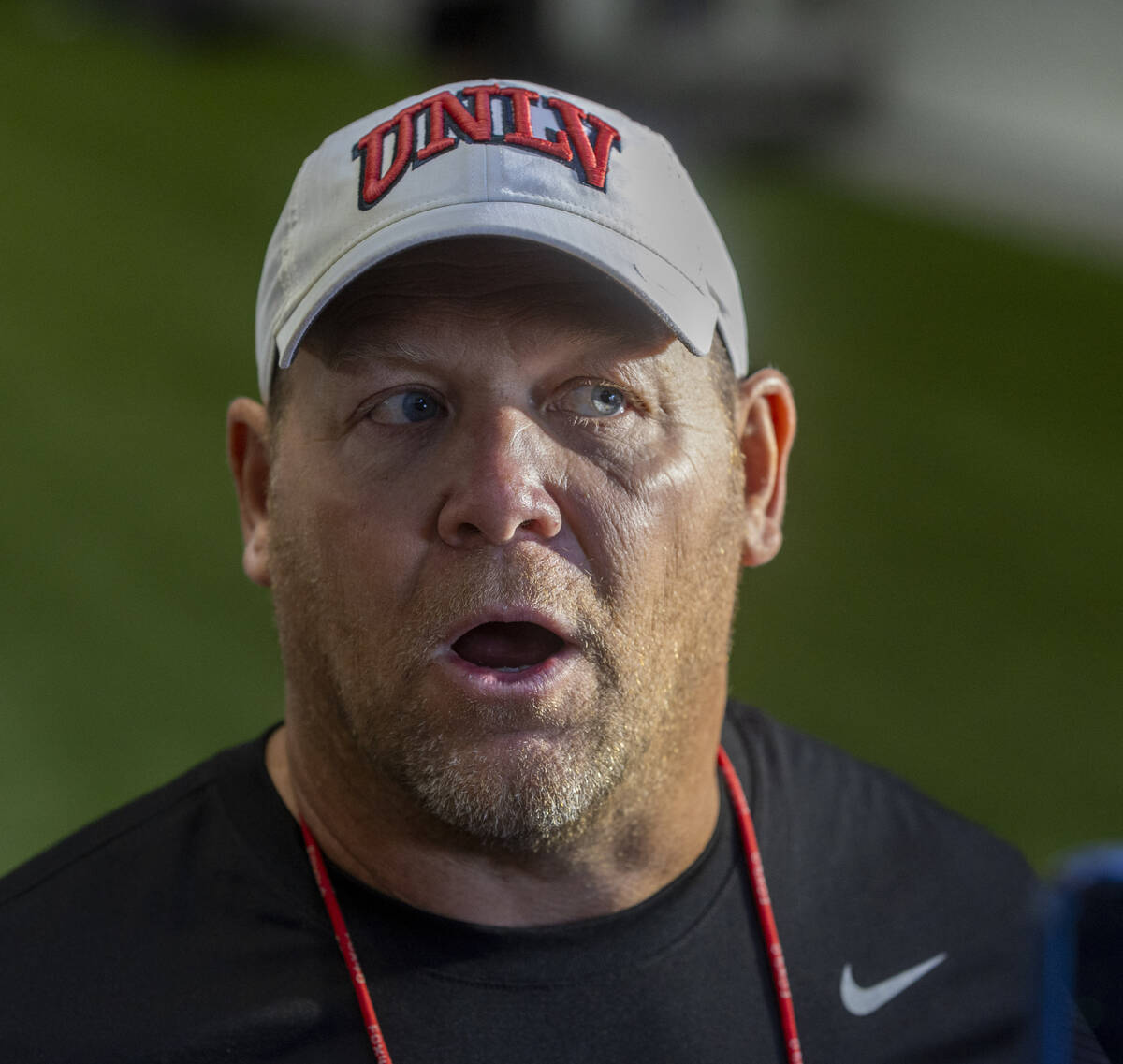 UNLV head coach Barry Odom talks with the media following football practice at the Intermountai ...