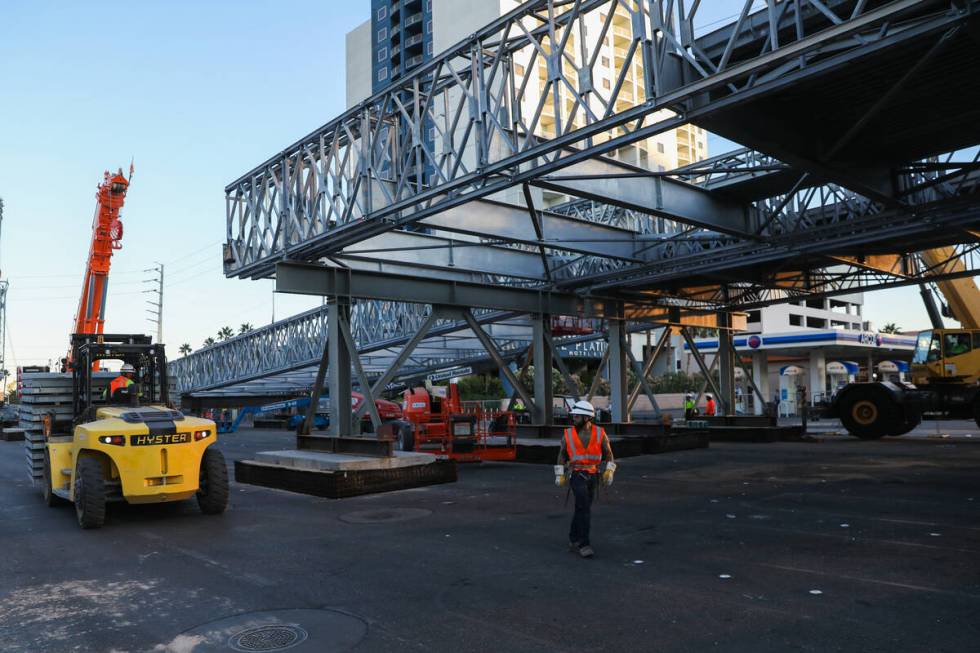 A bridge for the Formula 1 Las Vegas Grand Prix is under construction at the intersection of Fl ...