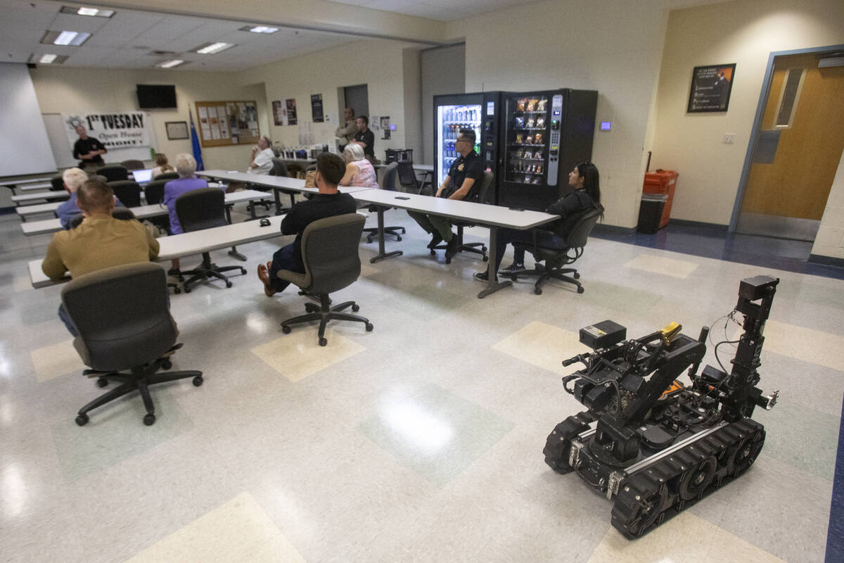 Las Vegas Metro Police Department ARMOR division’s T5 robot sits at the back of the room ...