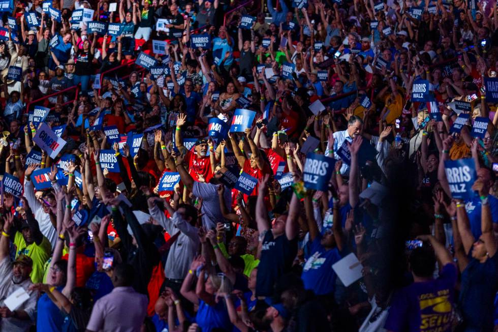 The crowd gets pumped up while dancing to music by DJ D-Nice as Vice President Kamala Harris an ...