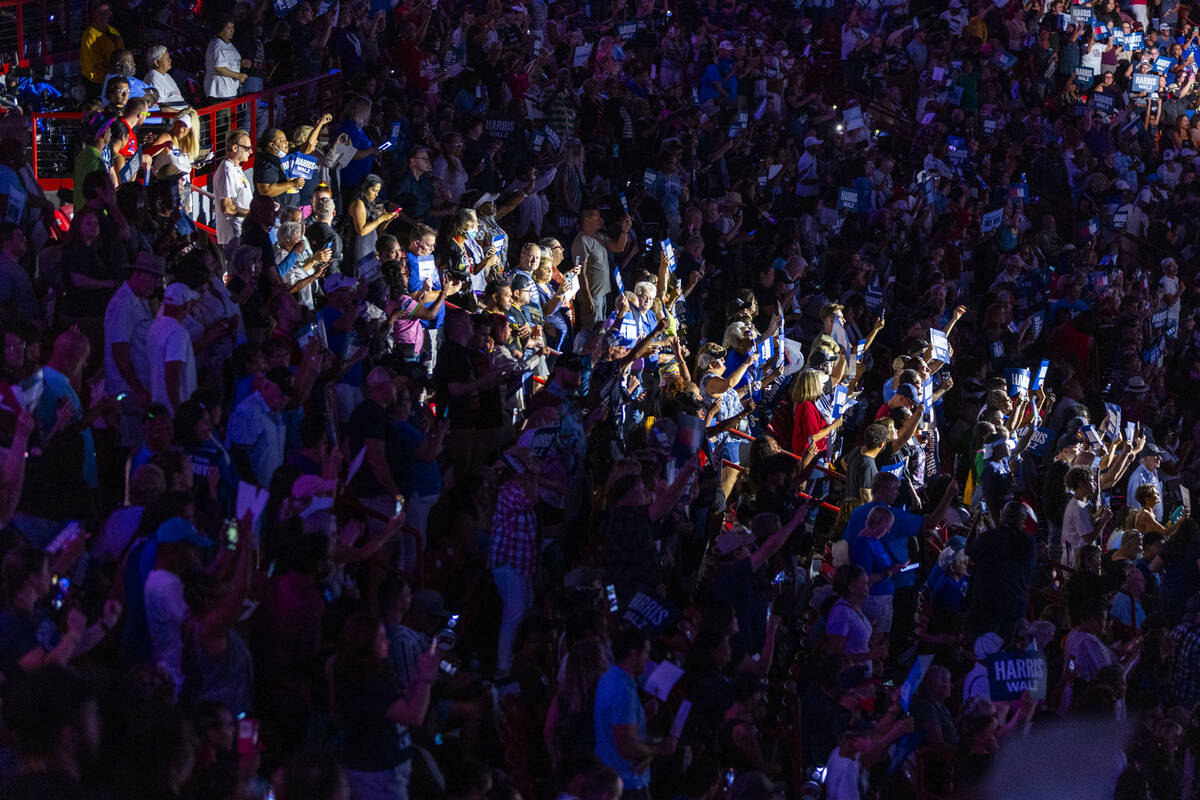 The crowd gets pumped up while dancing to music by DJ D-Nice as Vice President Kamala Harris an ...