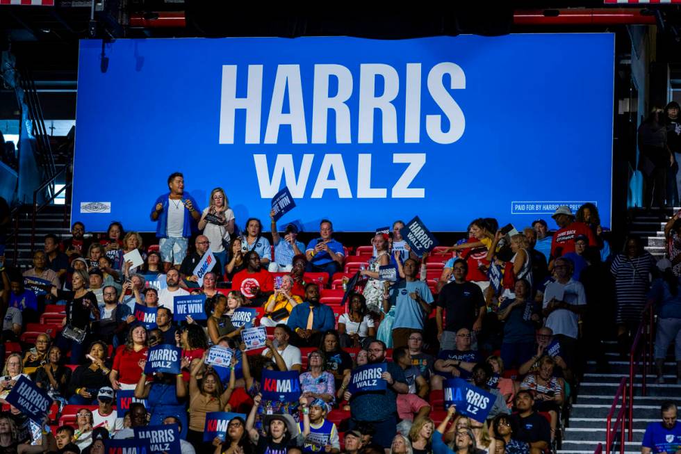 The crowd gets pumped up while dancing to music by DJ D-Nice as Vice President Kamala Harris an ...