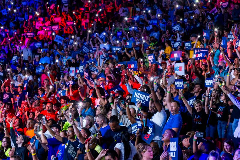 The crowd gets pumped up while dancing to music by DJ D-Nice as Vice President Kamala Harris an ...