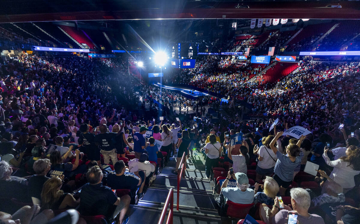 The crowd gets pumped up while dancing to music by DJ D-Nice as Vice President Kamala Harris an ...