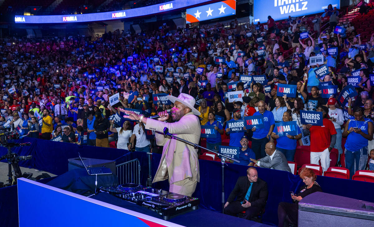 DJ D-Nice pumps up the crowd as Vice President Kamala Harris and her running mate, Minnesota Go ...