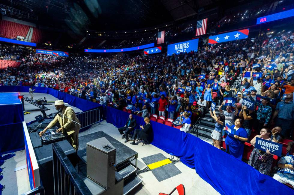 DJ D-Nice pumps up the crowd as Vice President Kamala Harris and her running mate, Minnesota Go ...