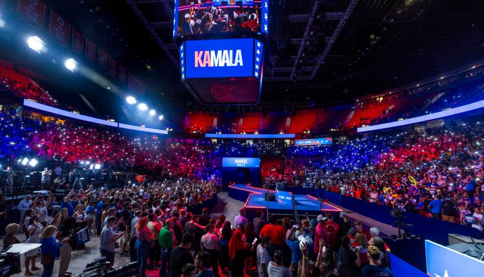 The crowd gets pumped up while dancing to music by DJ D-Nice as Vice President Kamala Harris an ...