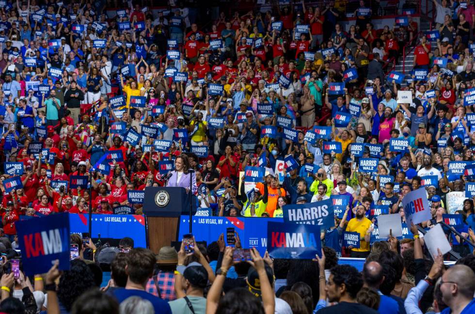 Vice President Kamala Harris speaks during a campaign rally at UNLV’s Thomas & Mack ...