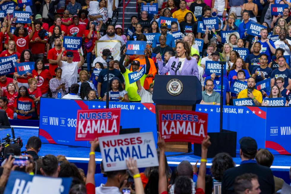 Vice President Kamala Harris speaks during a campaign rally at UNLV’s Thomas & Mack ...