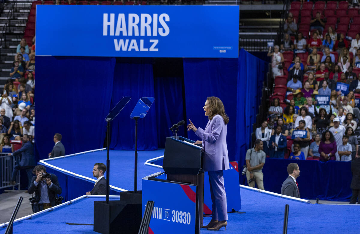 Vice President Kamala Harris speaks during a campaign rally at UNLV’s Thomas & Mack ...